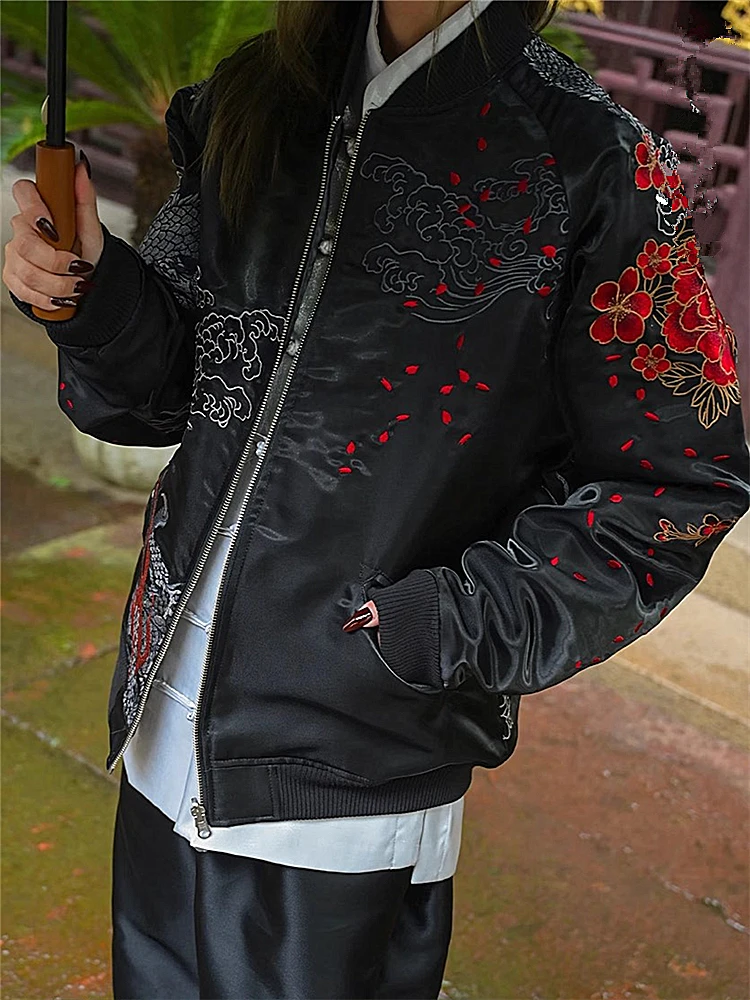 New Men Boys Black Dragon Peony Embroidered Reversible double-sided Sukajan Souvenir Jacket  2024 China Dragon Year Exclusive 2