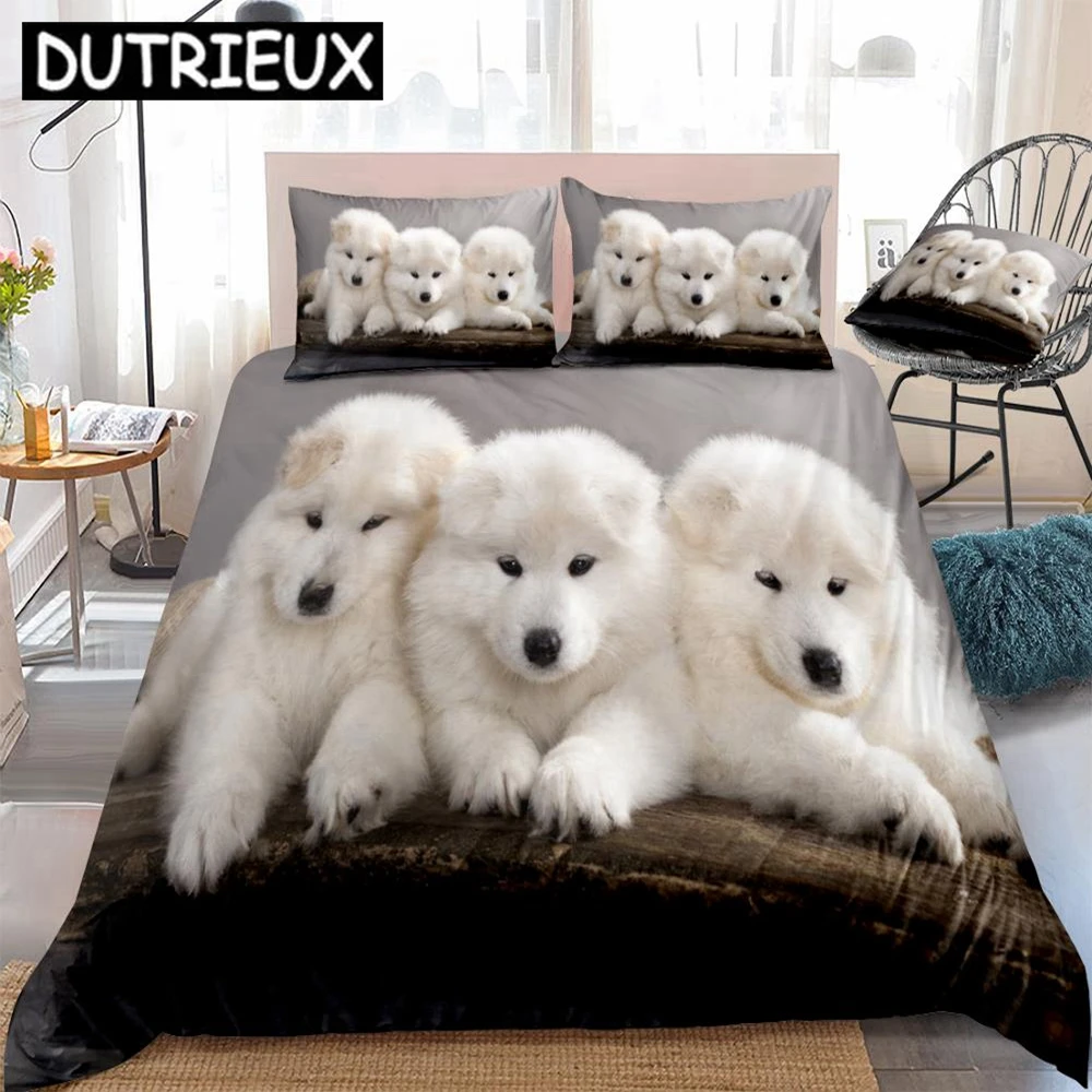 

3D Samoyed Dogs Duvet Cover Set Cute White Samoyed Bedding Kids Boys Girls Animal Home Textiles Cute Pet 3pcs Queen Dropship