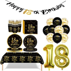 Black Gold Disposable Tableware For 18th Birthday Party Decor Supplies Plates Tablecloth Birthday Banner 40inch Number Balloon