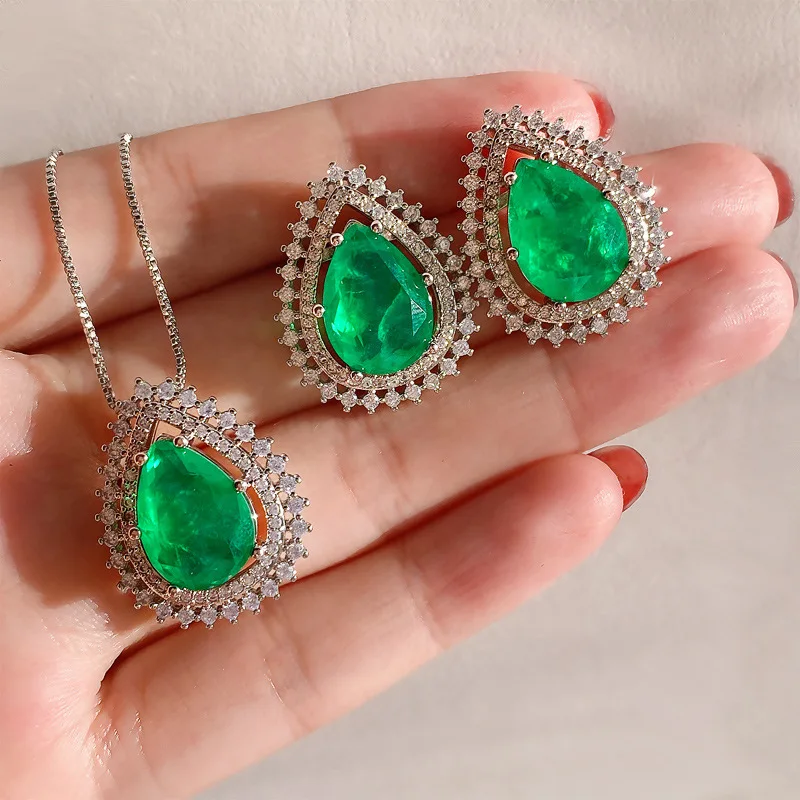 

Classic 10*14mm Emerald Gem Water Droplets Stud Earring Necklace Set Valentines Day Gift Gemstone Jewelry For Women 2024 Fashion