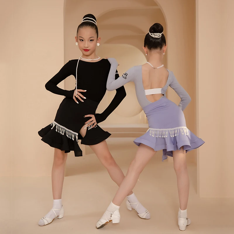 

Юбка для латиноамериканских танцев, фиолетовая/черная юбка с асимметричной бахромой, костюмы для соревнований по балу, детское платье для самбы и сальсы, DWY8408