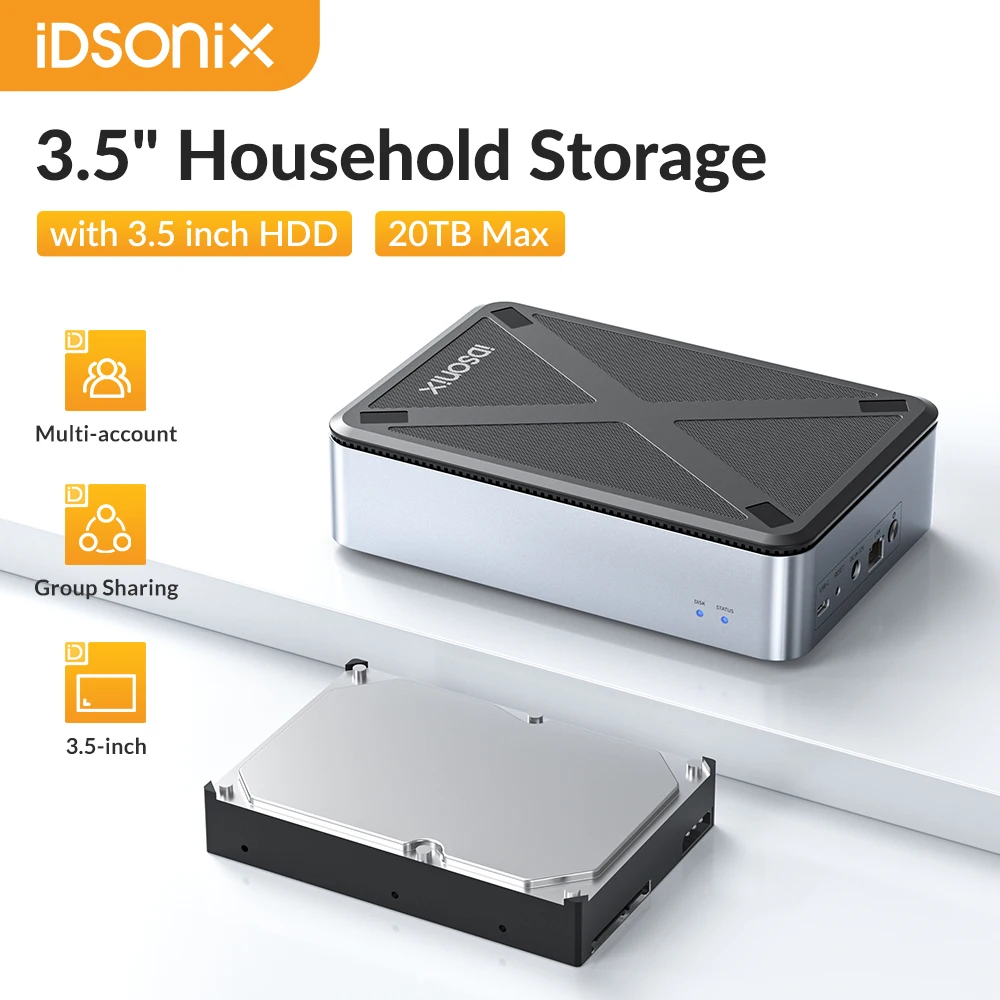 IDSONIX Household Storage 3.5" 2.5" SATA HDD HDD Enclosure Network Attached Storage with Auto Backup Remote Access & Share Data