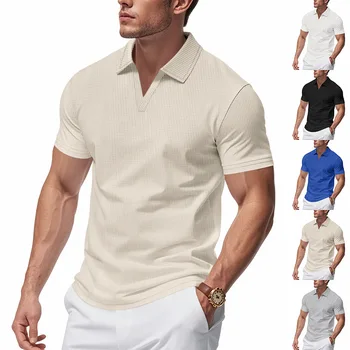 Polo Uomo Estivo 2026 Nuovo Colletto a V in Tessuto Waffle a Maniche Corte Tinta Unita Casual alla Moda