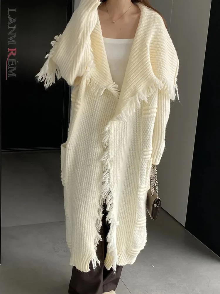 

LANMREM Fashion Knitted Mid Length Coat Women Tassel Design Pockets Loose Sweater Vintage 2023 Winter New Clothing 2AA3493