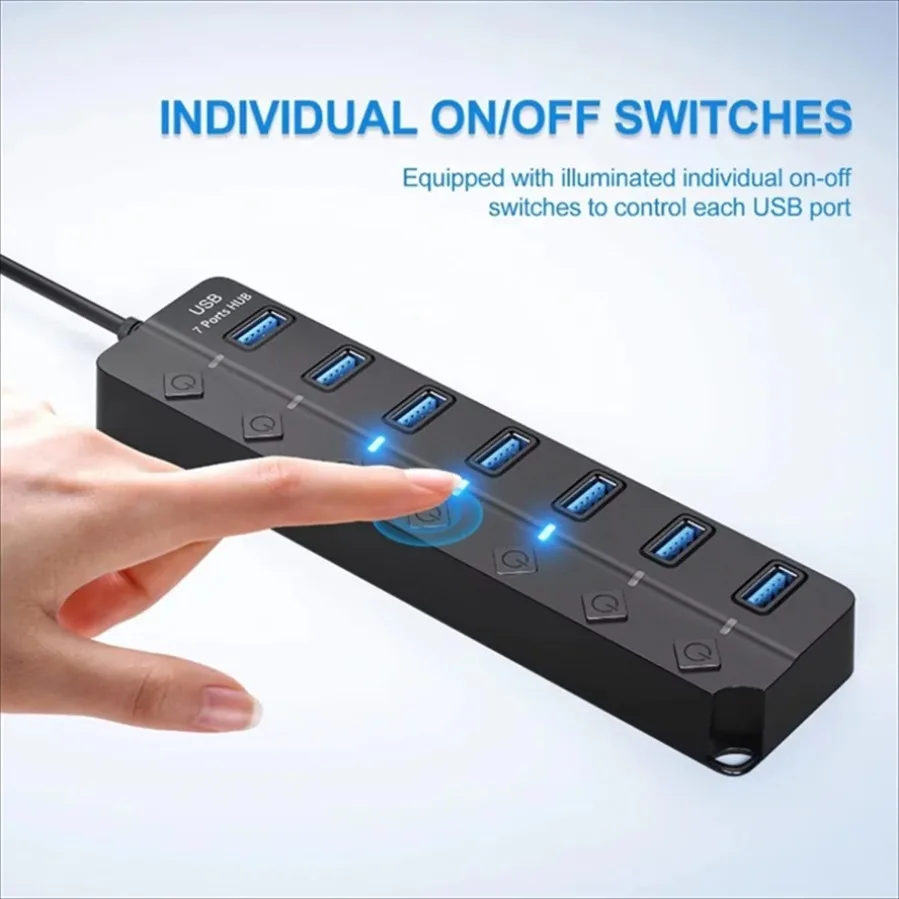 High-Speed 7-Port USB3.0 Hub with Individual Switches and LED Indicators