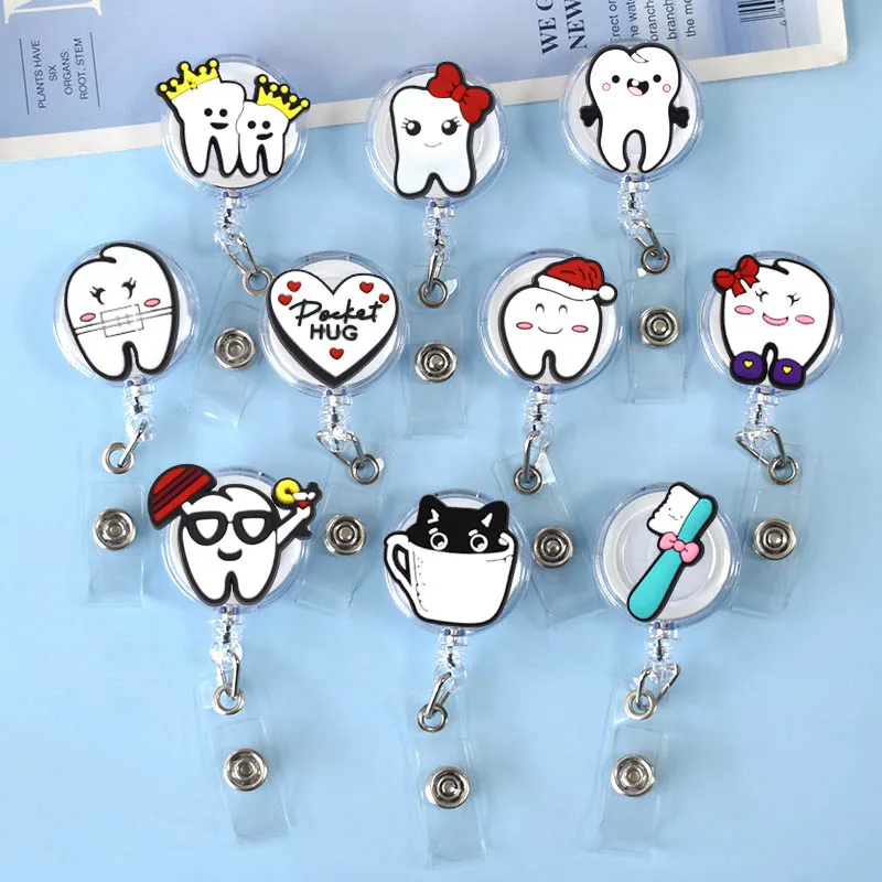 Retractable Badge Reel Badge Holder Retractable ID Tag Retractable ID Lanyard Cute Teeth Dentist Christmas Style Badge Reel Nurse Worker Enfermera ID Holder