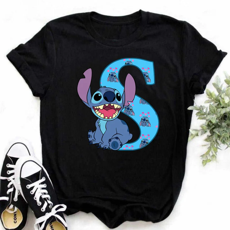Disney Lilo & Stitch A-Z English Letters Short Sleeve Women Print T Shirt Casual Female Top Tshirts Cartoon Tee T-Shirt 5