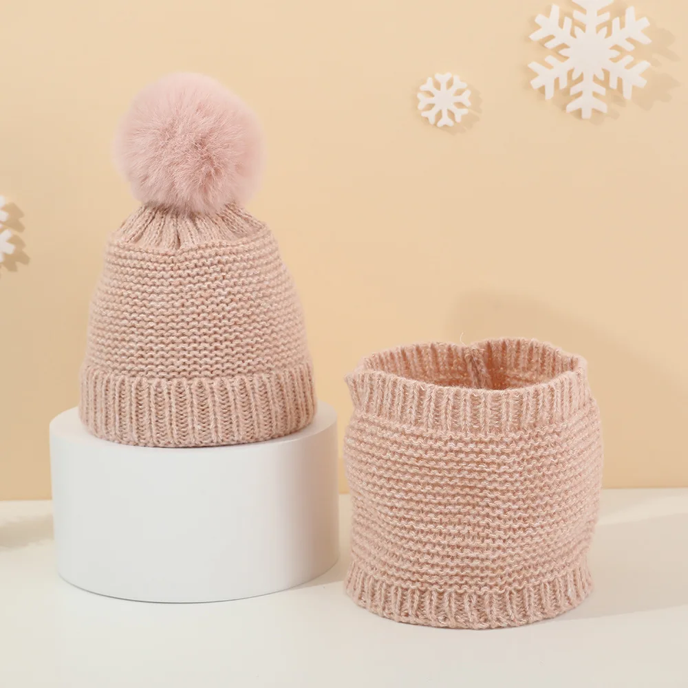 Infant Hat Scarf Set Winter Solid Color Ear Protection Warm Baby Outdoor Hats Children's Scarf Fur Ball Beanies For Kids