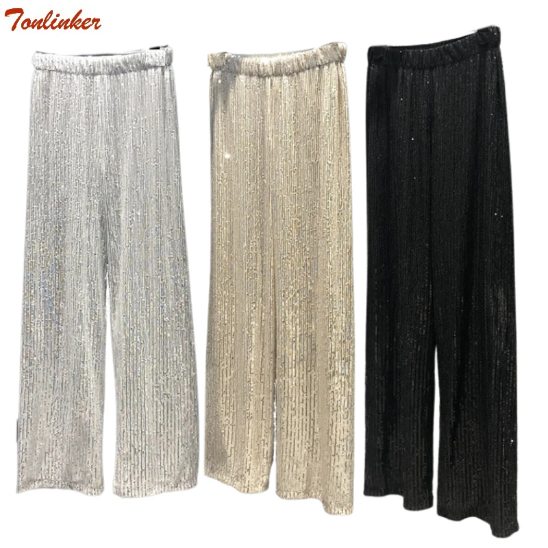 New Fashion Sequin Wide Leg Pants Black Apricot  Korean Style Women Trousers High Waist Straight Tube Loose Mopping Long Pants national style winter wear jeans for women new trousers splicing beads sequin gauze mink fur thickened elastic straight jeans