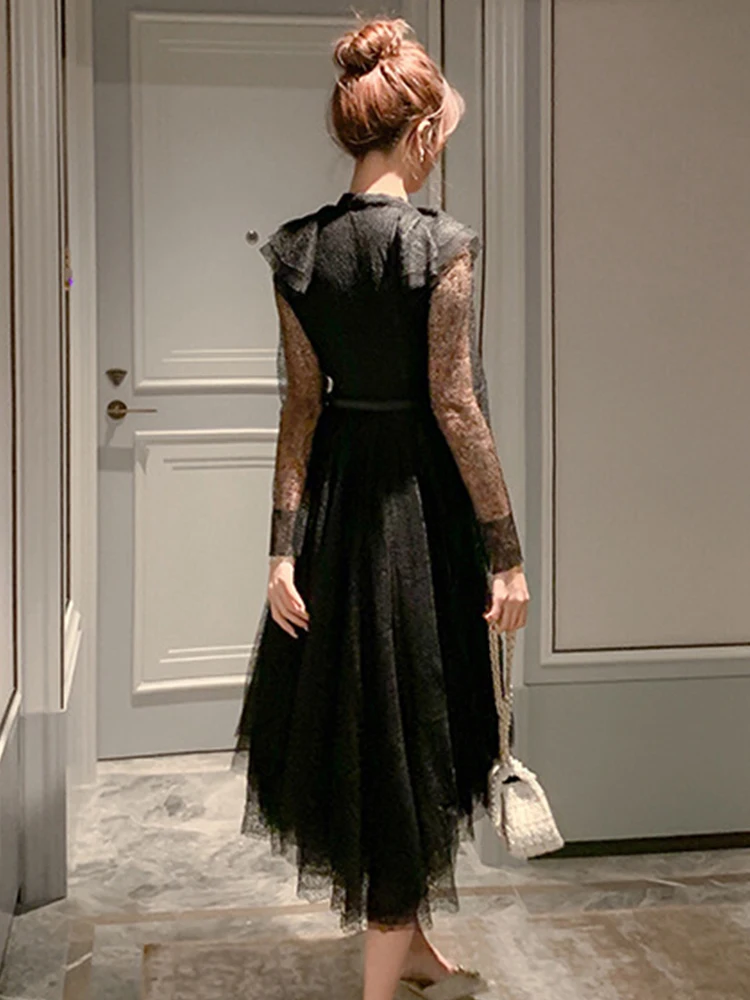 Women's French Midi Dress Elegant Sexy Black Sheer Mesh Lace