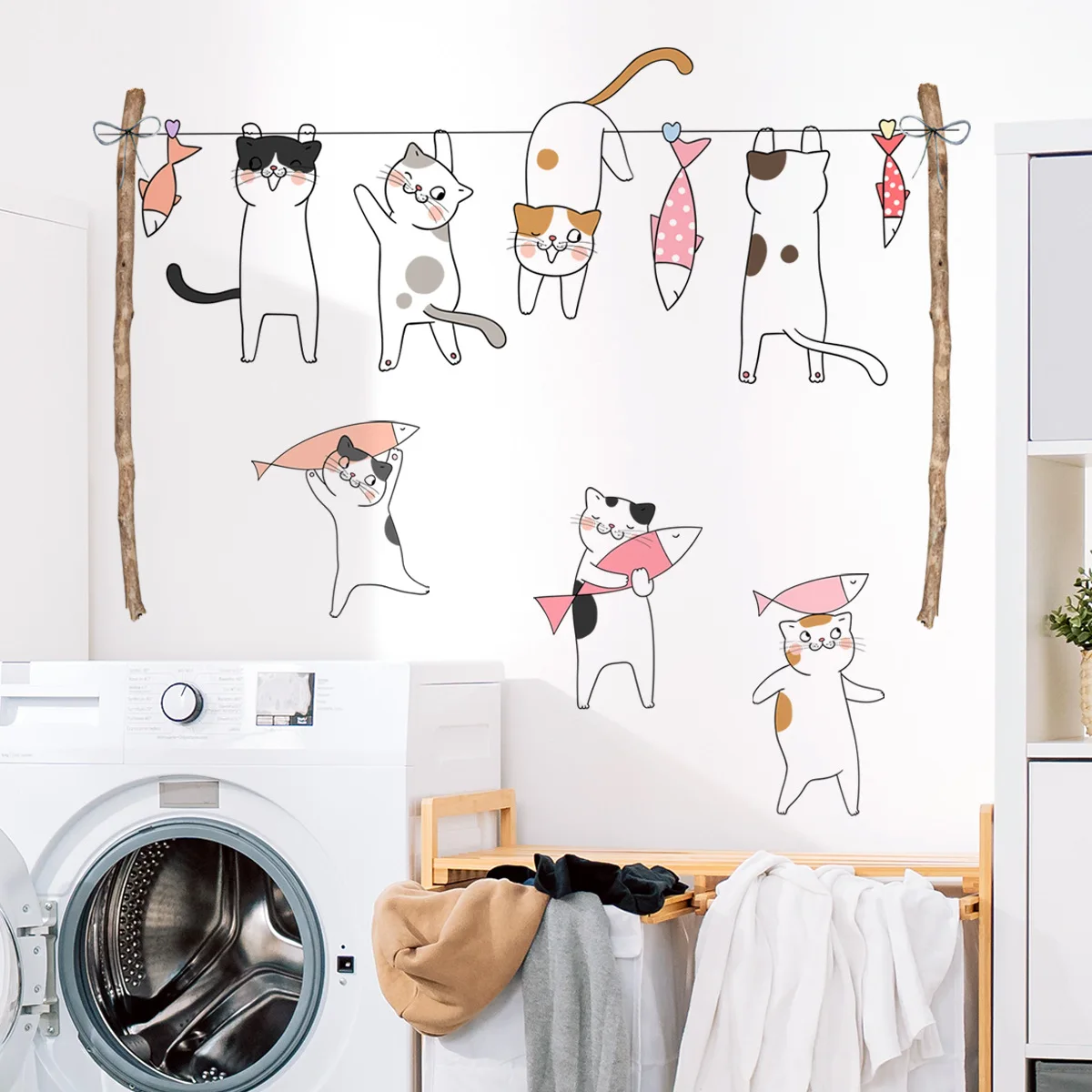 

2pcs Cartoon Cat Little Fish Dried Clothes Bar Wall Stickers Laundry Room Bathroom Home Decoration Wall Sticker Wallpaper Ms581