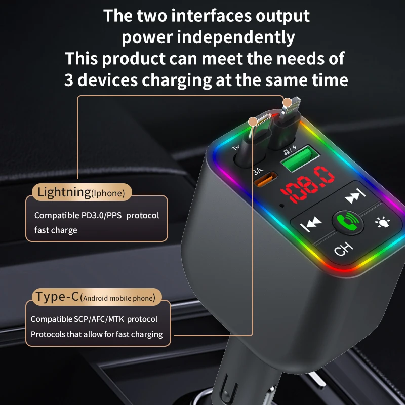 Wireless In-car MP3 Player with 2 Retractable Cables Fast Charger 7-Colors Led Music Player Hands Free Call Car Charger Adapter