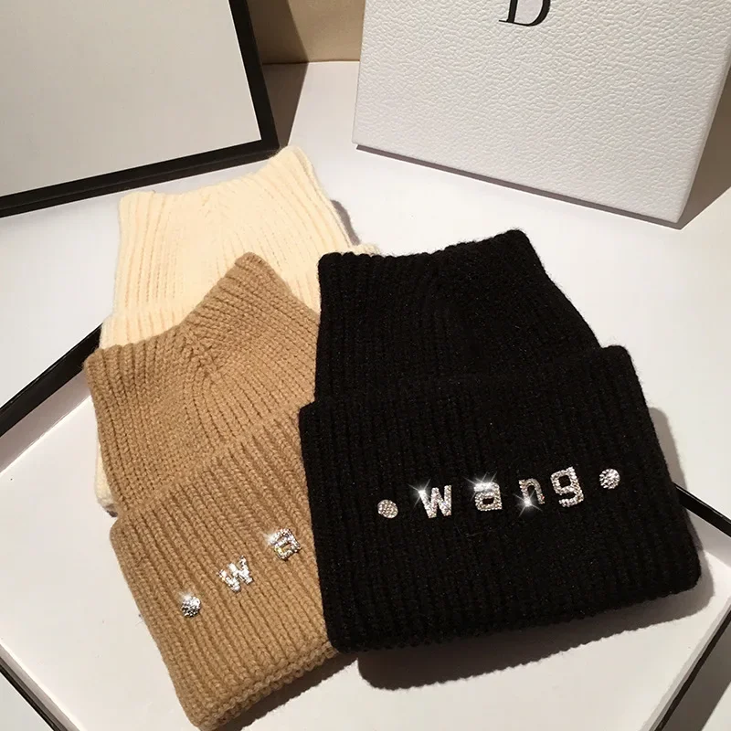 Winter diamond women's autumn cat ears rhinestone knitted hat beanie knitted rhinestone skull hat 4