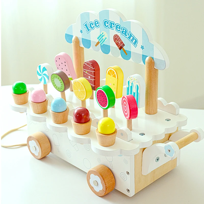 Wooden Ice Cream Girl Toy Kitchen Pretend Play Toys Kitchen Accessories Simulation Ice Cream Shop Montessori Education Toy Gifts