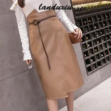 

2022 Winter Latex PU Faux Leather Black Midi Skirts Belt High Waist Asymmetrical Vintage Bodycon Wrap Pencil landuxiu