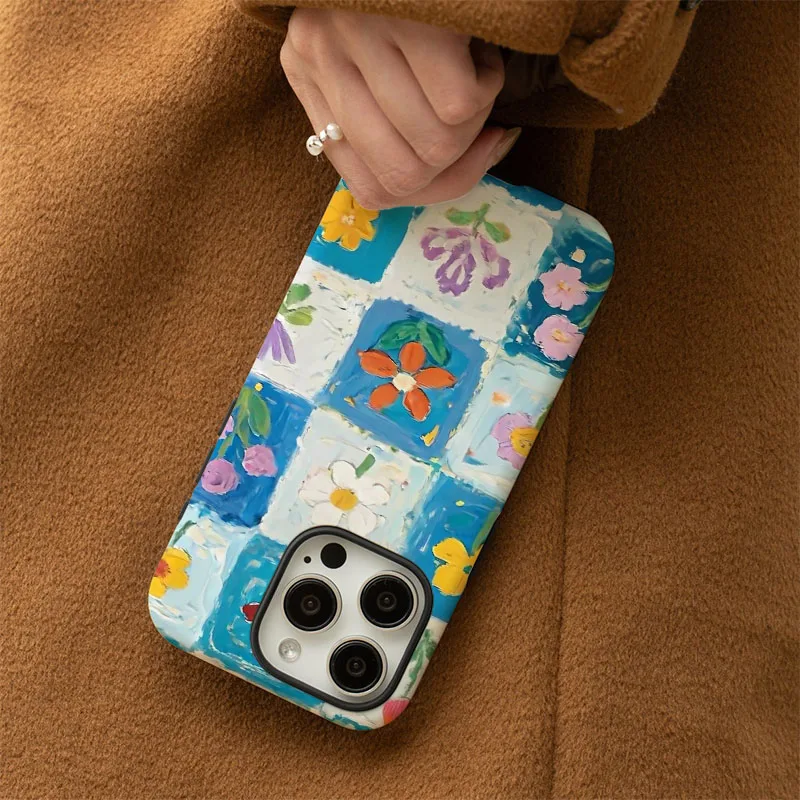 Elegant Floral Matte Grid Shockproof Phone Case with 2-in-1 Design