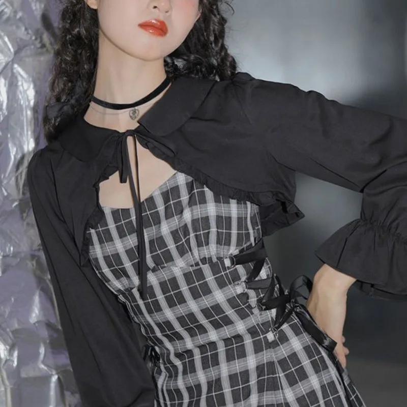 Spring Autumn New Fashion Japanese Girls Checkered Swimsuit High Waist Conservative Student Covering Belly Clothing Women Suit
