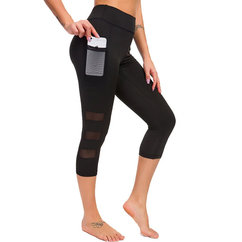 

Calf-length yoga running legging Capri Sport pants Women Fitness Gym High Waist Legging Girl Black Mesh 3/4 Yoga Pants