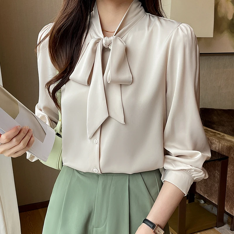 Ribbon Women's Shirt 2023 Autumn White Shirt Long Sleeve Blouse Chiffon Shirt  Bow Womens Tops Elegant Shirt OL Female Clothing