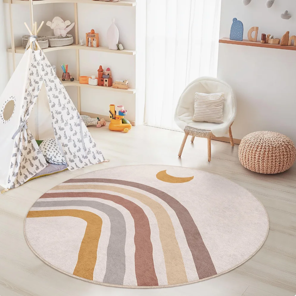 라운드 키즈룸 귀여운 기하학적 테마 러그 무지개 구름 매트 미끄럼 방지 부드럽고 안전한 스타일리시 침실 놀이방 홈 데코