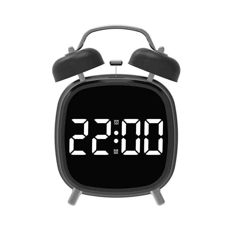 שעון מעורר דיגיטלי עם בקרת קול, פעמון כפול, עוצמתי במיוחד לשינה כבדה במצב לילה 12/24 שעות, שעון שולחן אנטי-בעיטה עם תאורת LED