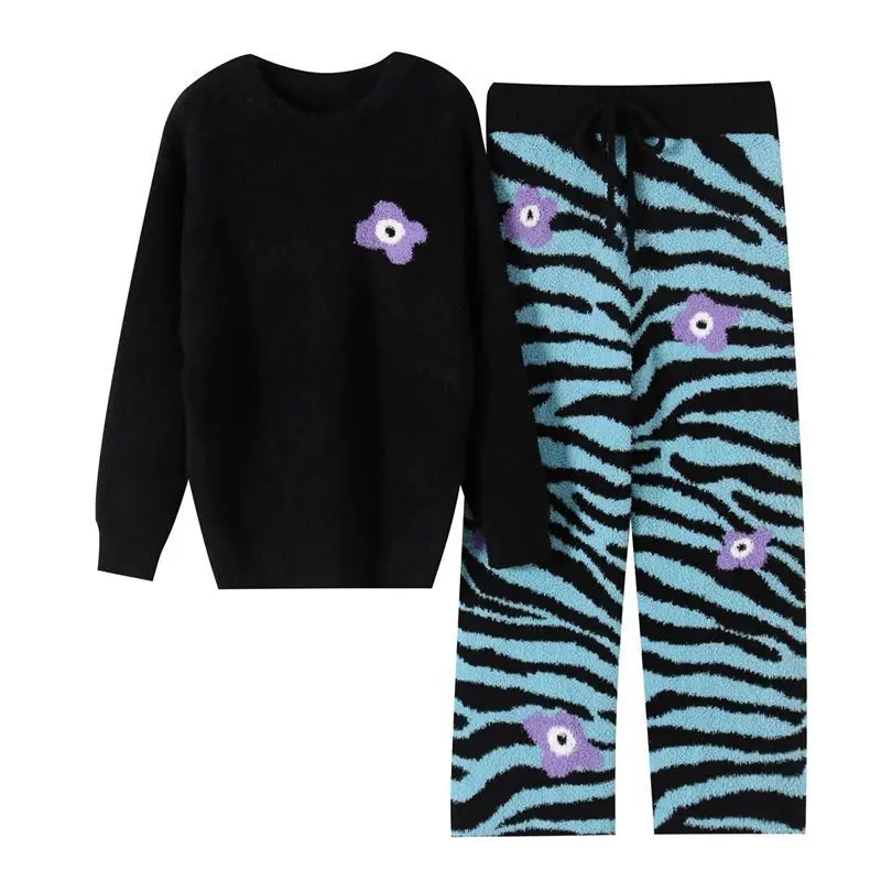 2023 New Soft Pajamas Women Autumn Winter Zebra Pattern Warm Knitted Loungewear Long Sleeve Loose Round Collar thicken Homewear