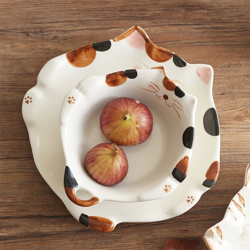 Cartoon Cat Ceramic Plate Cute Cat Shaped Dining Plate Irregular Salad Bowl Japanese Tableware Main Course Decoration