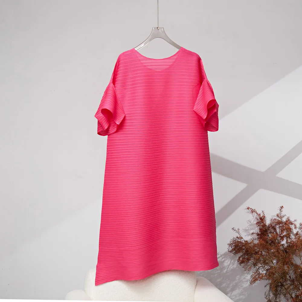 

Miyake Pleated Party Prom Dress Fashion Brand Elegant Solid Color Short Sleeve Dress Summer Japanese Style Female Loose Skirt