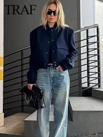 TRAF Vintage Solid Long Sleeve Bomber Jacket Spring Women Casual Coats Streetwear 2023 Female Elegant Lapel Zipper Jakcet - Image 5