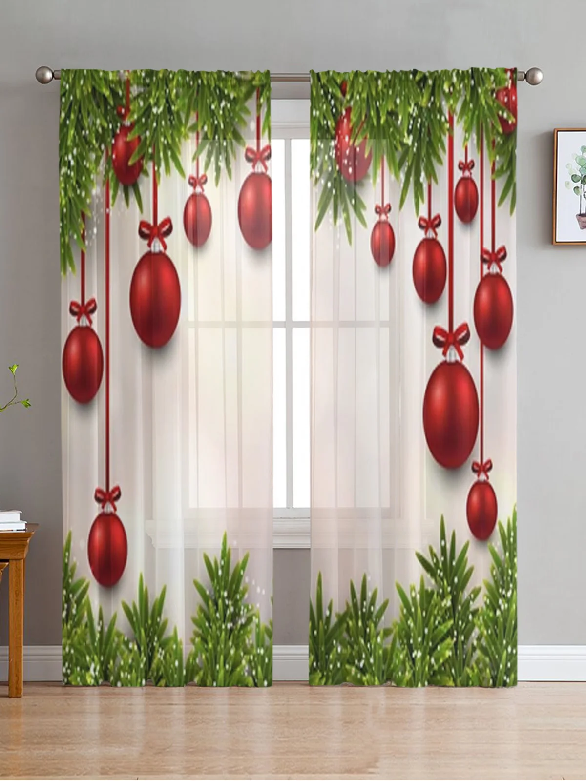 

Christmas Fir Twigs And Colorful Balls Tulle Curtain For Living Room Bedroom Kitchen Decoration Window Voiles Tulle Curtain
