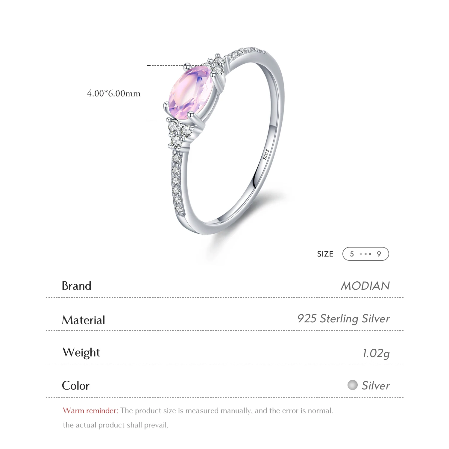 MODIAN  핑크 문스톤 여성을위한 우아한 쌓을 수있는 손가락 반지 영원 밴드 크리스마스 선물 파인 쥬얼리