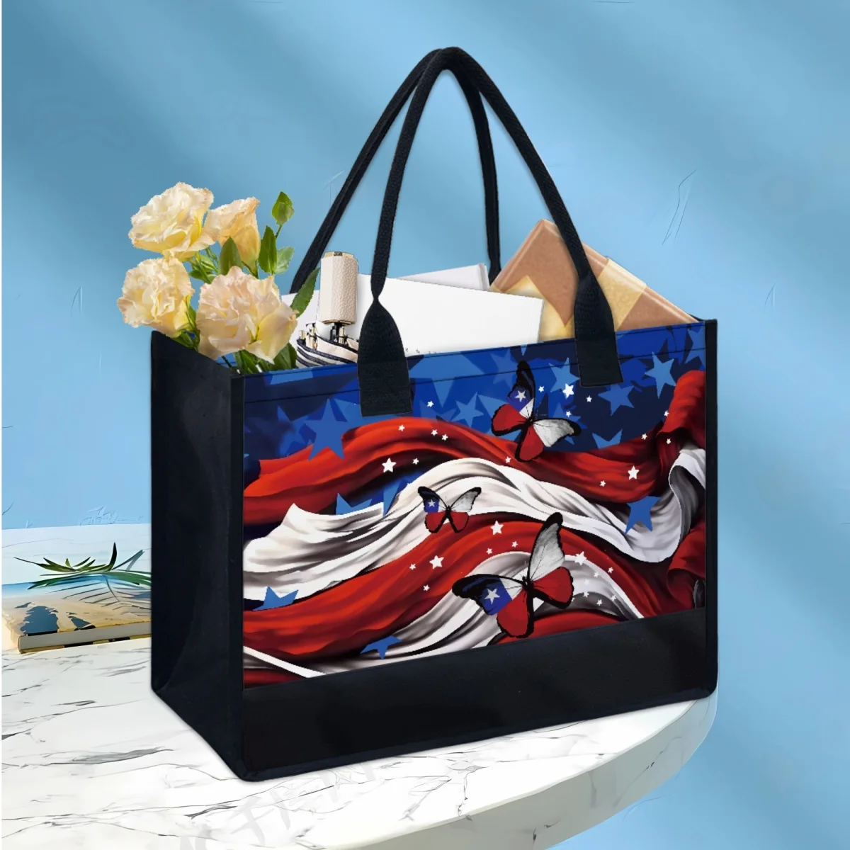 

Креативная дизайнерская сумка-тоут с американским флагом и бабочкой, подарок на День Независимости, Портативная сумка через плечо с ручкой сверху, сумки для покупок для девочек