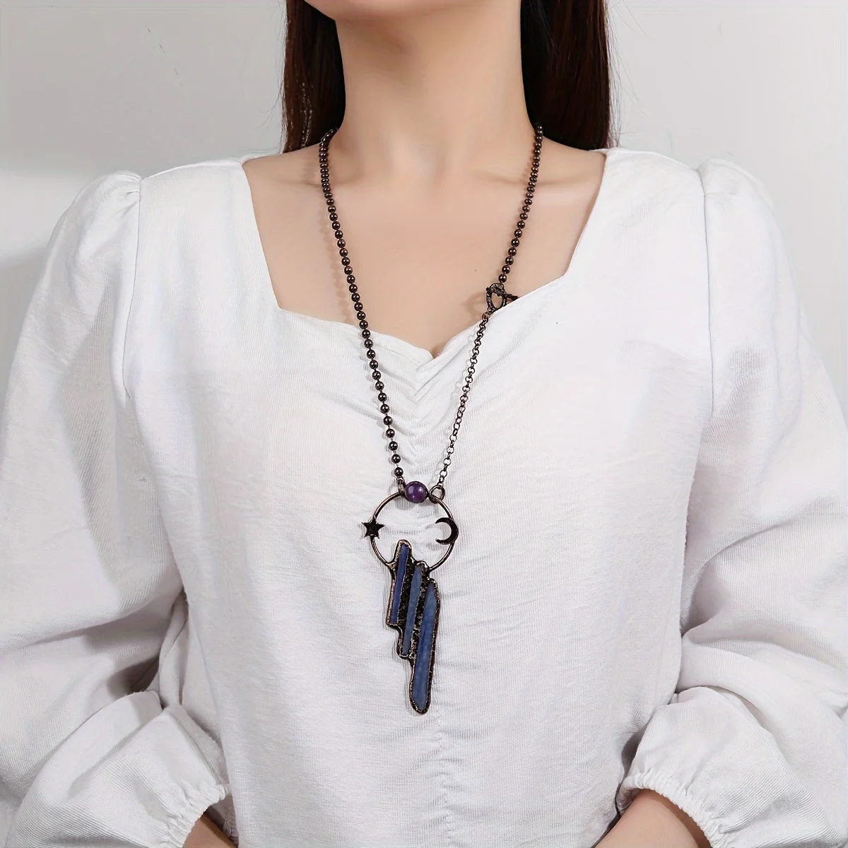 YEEVAA 1pc Boho Natural Blue Crystal Stone Inlaid With Sun/ Moon And Star Pendant Necklace Jewelry For Women