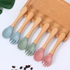 3Pcs/Set Baby Silicone Suction Bowl Spoon Fork Set BPA Free Wooden Handle Fork Spoon Child Feeding Non-SlipTableware Set 3