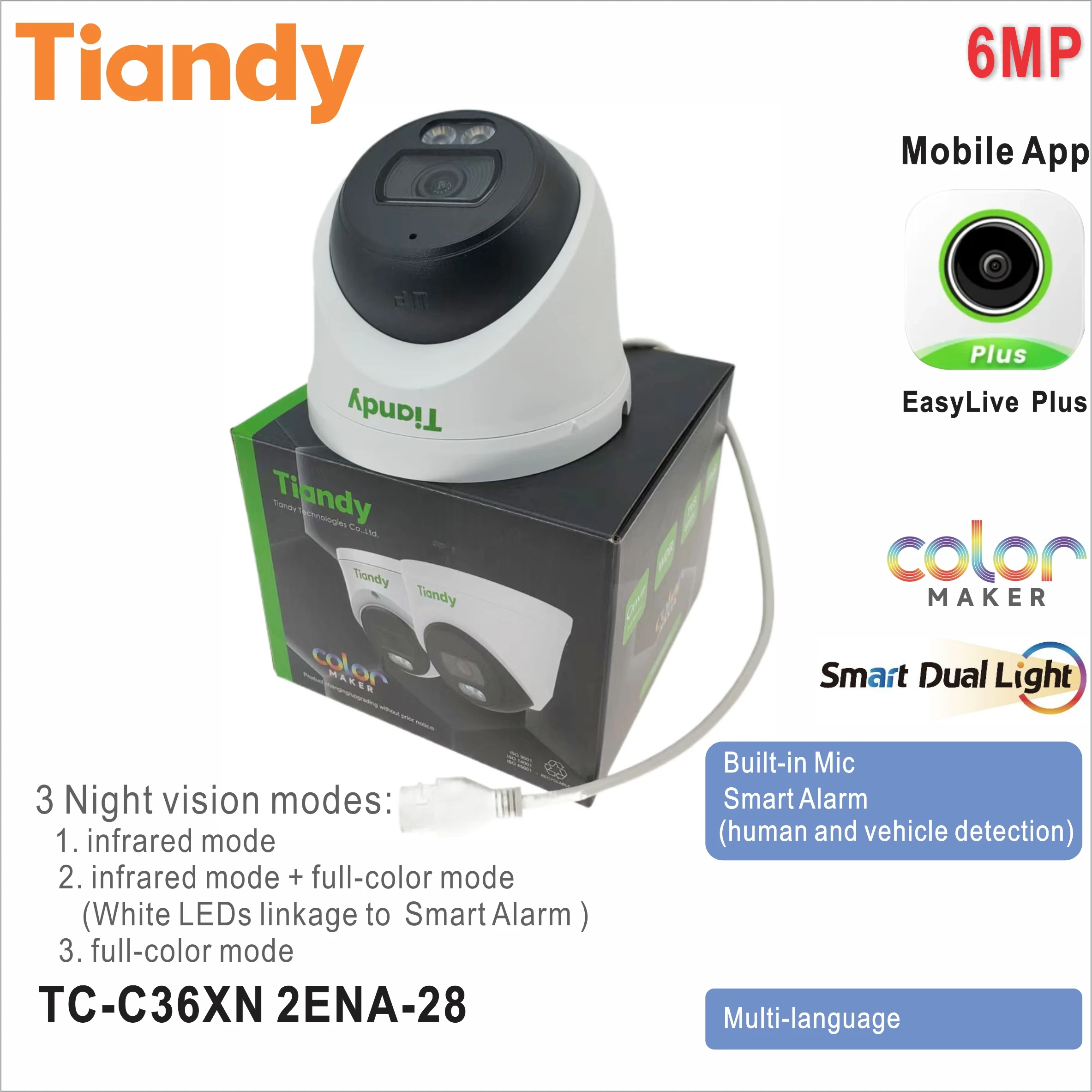 티앤디 TC-C36XN 2ENA-28 6MP 고정형 컬러 메이커 스마트 듀얼 라이..