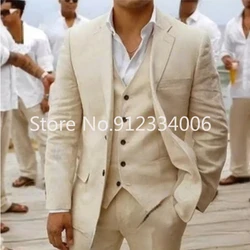 2021 Suit Men Linen Beige Beach Wedding Suits for Men Casual Man Blazer Custom Groom Tuxedo Jacket Pants Set Mens Suits