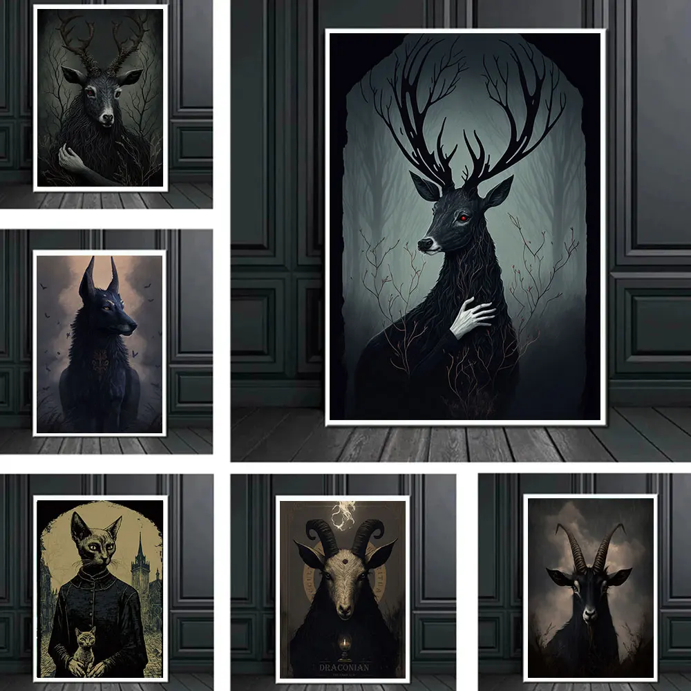 

Gothic Dark Animal Posters Print Dark Goat Cat Deer Canvas Painting Wall Art Pictures For Living Room Home Mural Gift Decoration