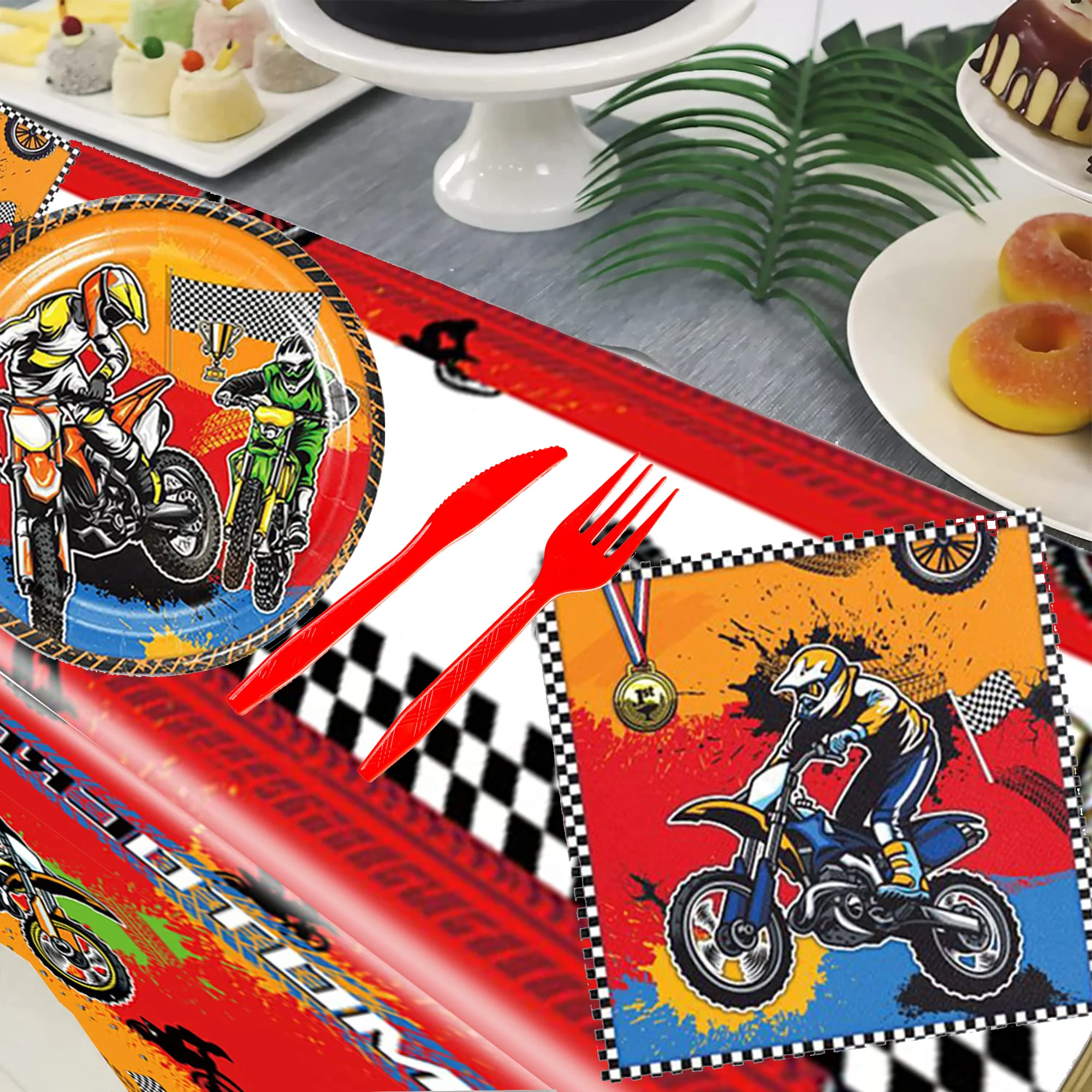 

81pcs Red Motorcycle Theme Birthday Party Tableware Set Supplies Includes Plates Tablecloth Tissues Cups Knife, fork, spoon