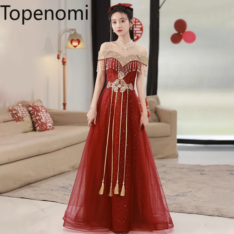 

Topenomi Chinese Style Toast Bride Dress 2024 New Red Mesh Tassel Appliques Waist Marriage Party Gown Fashion Evening Dresses