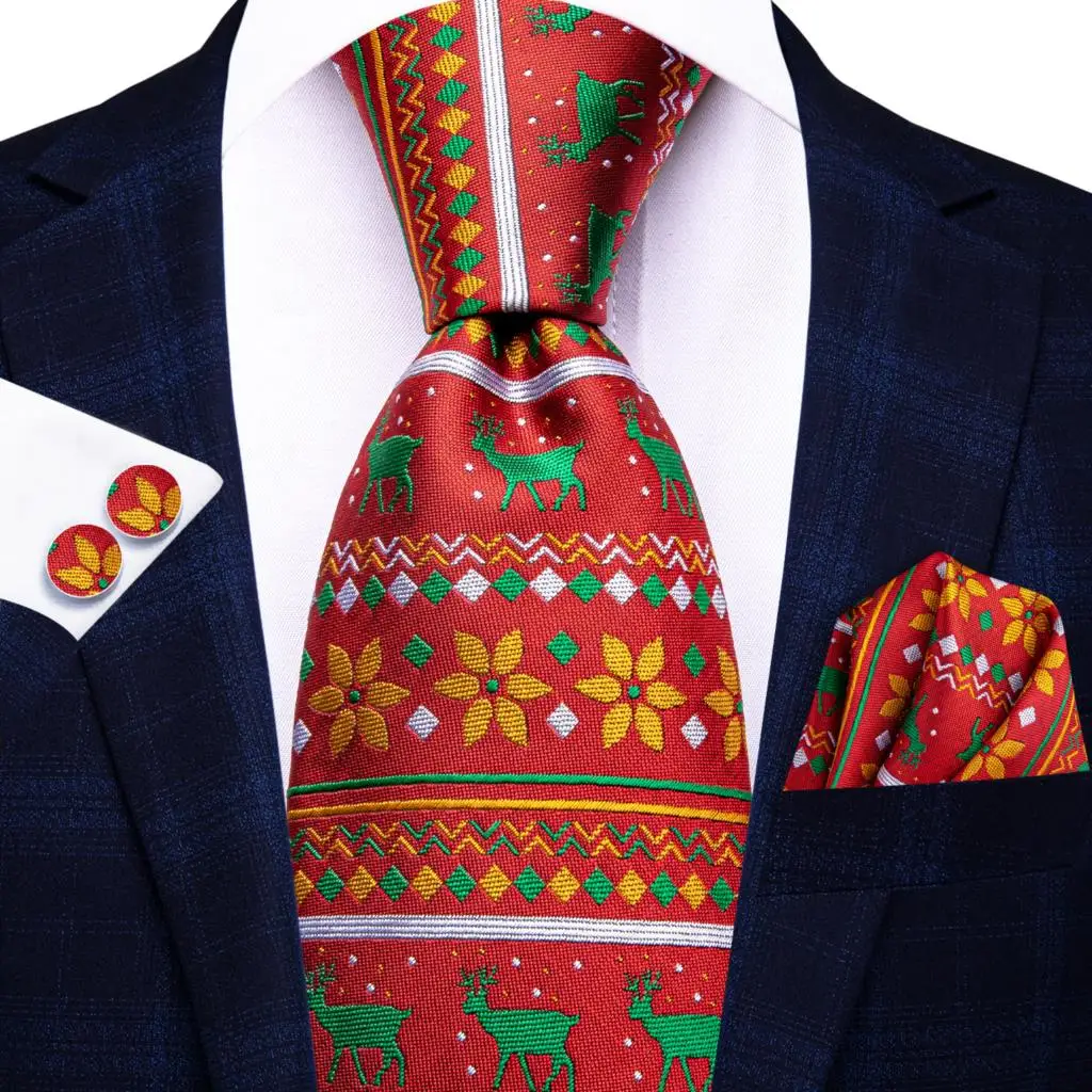 

Hi-Tie Designer Xmas Red Green Deer Necktie Silk Elegent Tie For Men Fashion Brand Christmas Party Handky Cufflink Wholesale