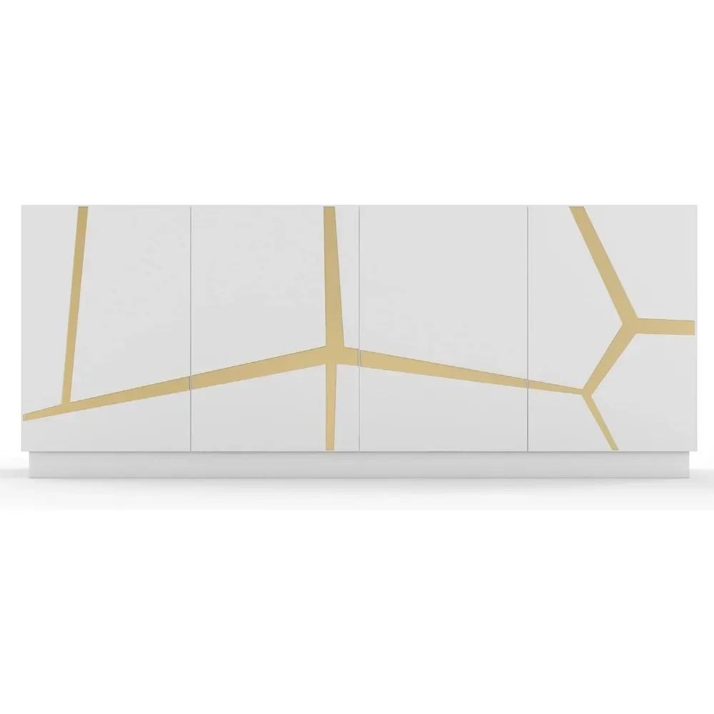 Reception Desks, 78.8" Wide Modern Staton Buffet Glossy White Lacquer with Champagne Gold Embellishments, Desks 6