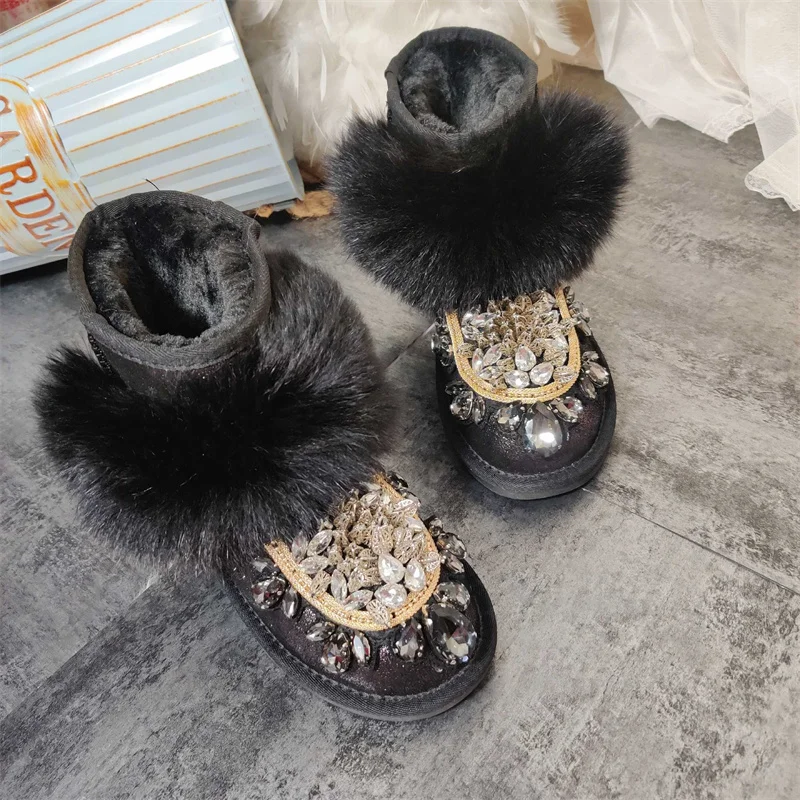 

Black fox hair boots hand custom winter plus fleece warm boots rhine-drill fur one-piece boots women's 35-40