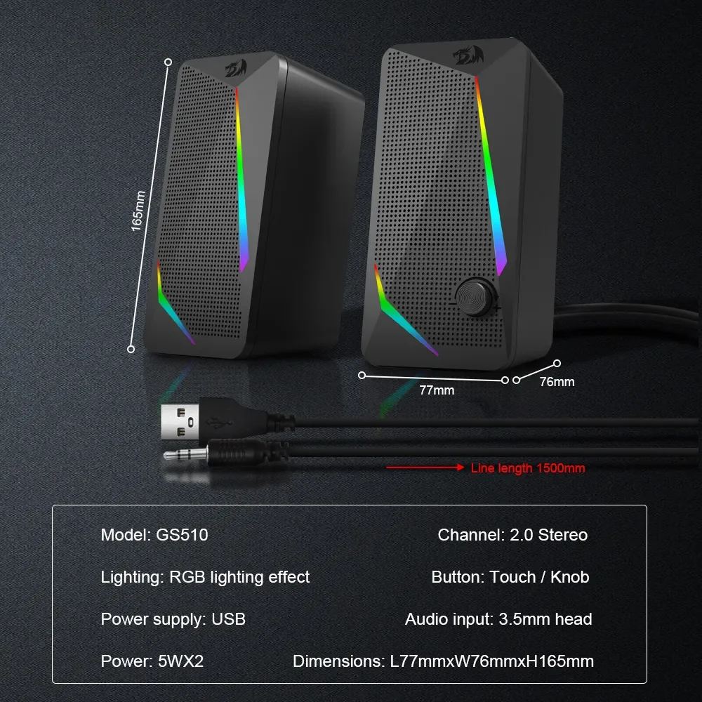 AliExpress Collection REDRAGON Waltz GS510 Aux 2.0 스테레오 서라운드 음악 RGB 게임용 스피커, 컴퓨터 데스크탑 PC 라우드스피커용 사운드바, 3.5mm