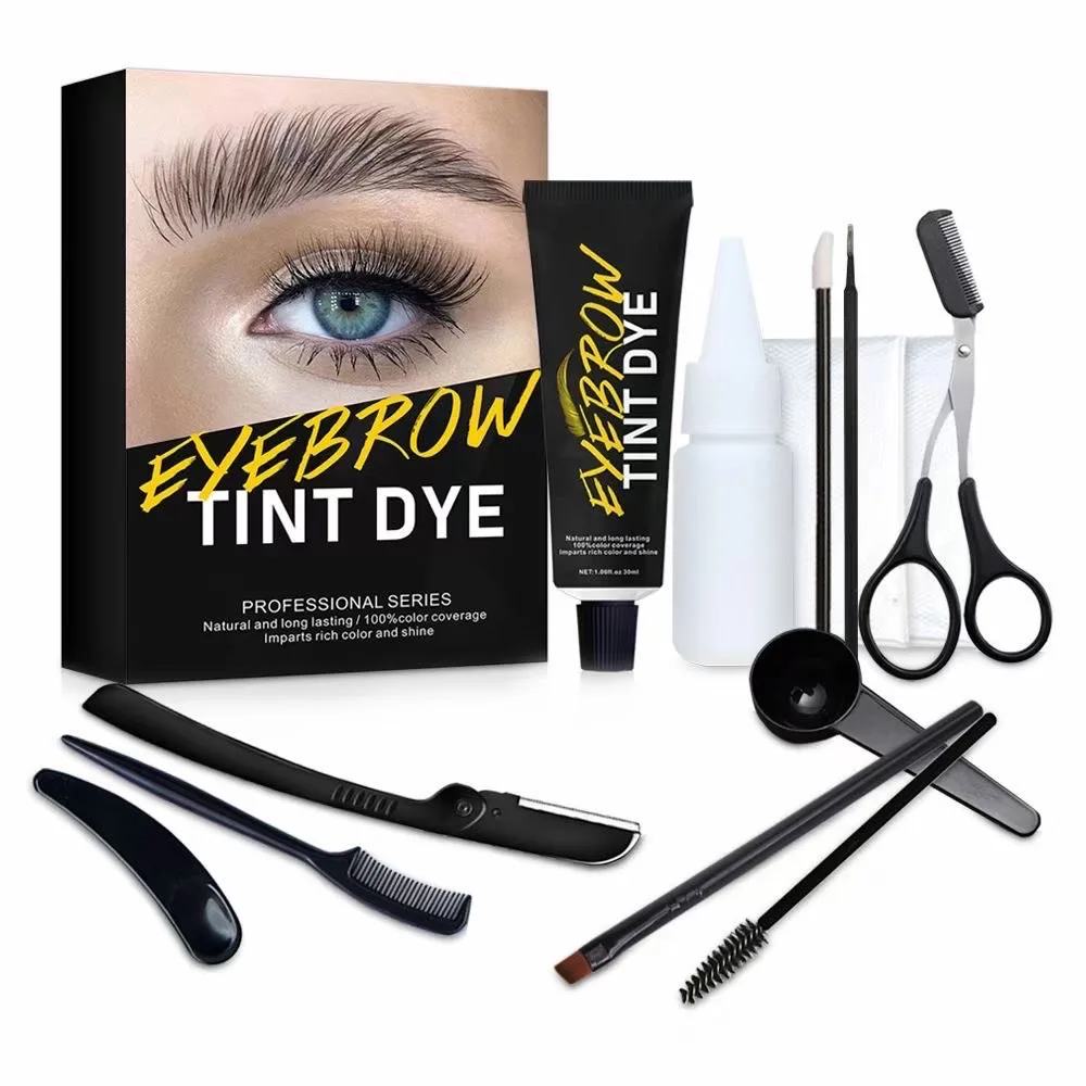Eyelash Eyebrow Tint Kit Semi Permanent Brow Dye Tattoo Cream With Brush Kit Waterproof Long