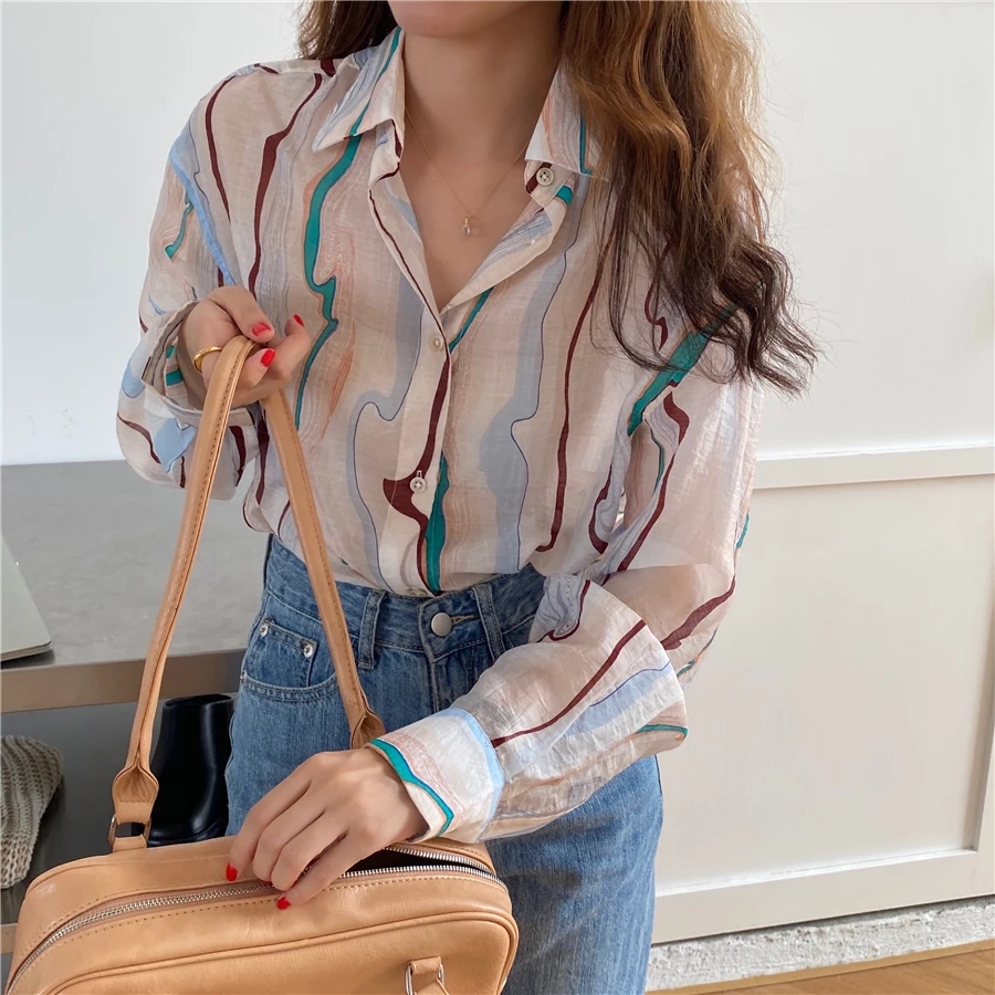 Water Ripple Stripe Patterns Printing female  Blouses Elegant Women Shirts Fashion Long Sleeve Shirt Office Lady Loose Tops Tees t shirts tees halloween leaky cauldron bleached t shirt tee dark grey in gray size 2xl 3xl m s xl