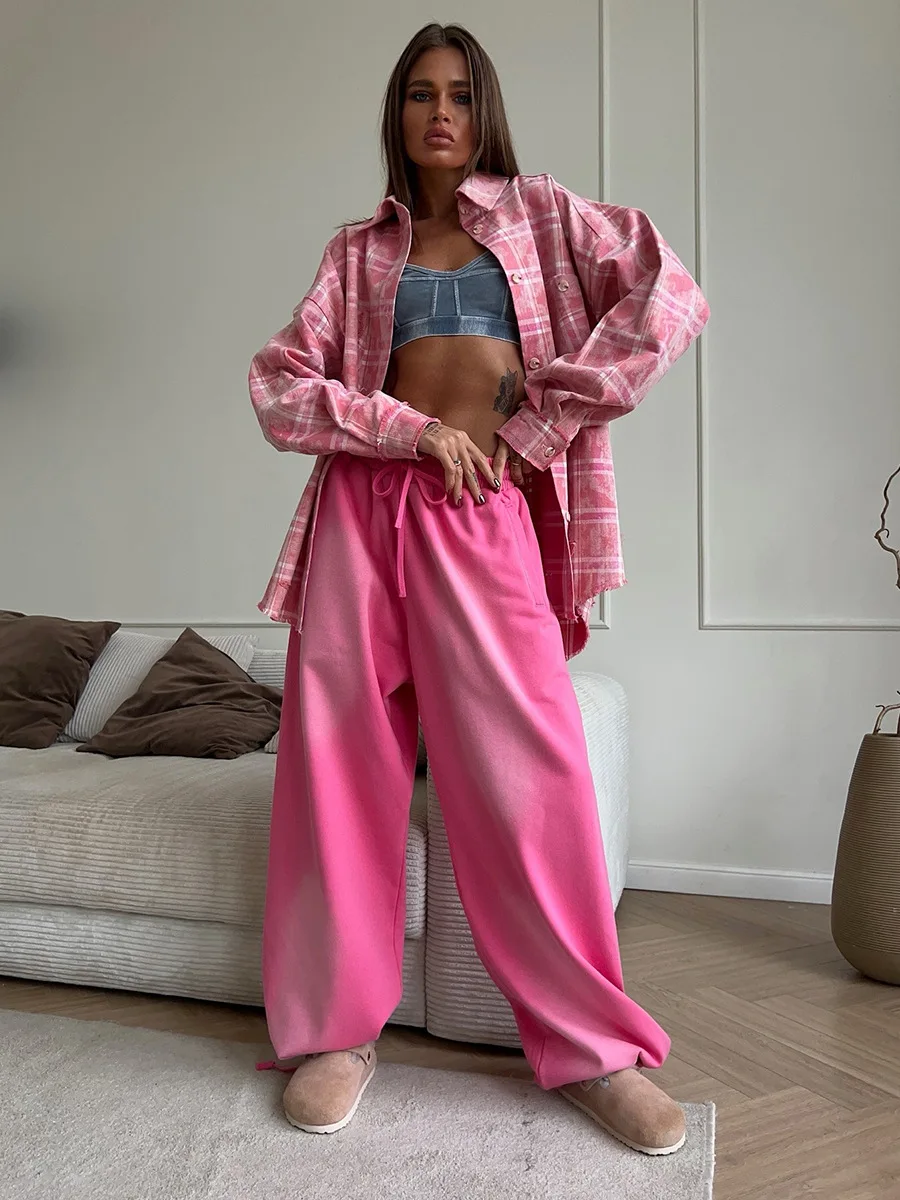 Bornladies 2025 Spring Summer New Fashion Pink Plaid Pocket Shirt Women's Retro Checkered Loose Casual Long Sleeves Coat Shirt