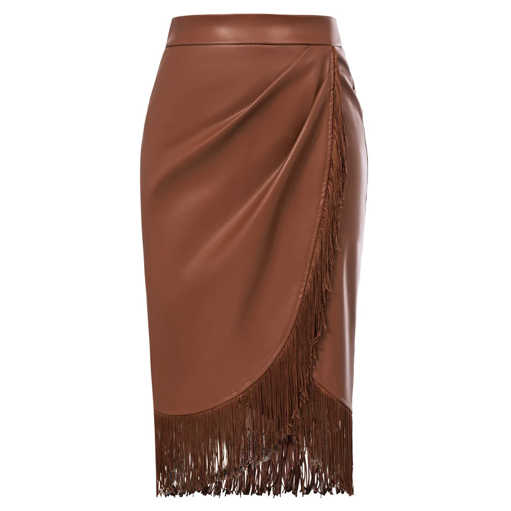 

BP Women Wrap Hem PU Leather Skirt High Waist Tassel Decorated Bodycon Skirt