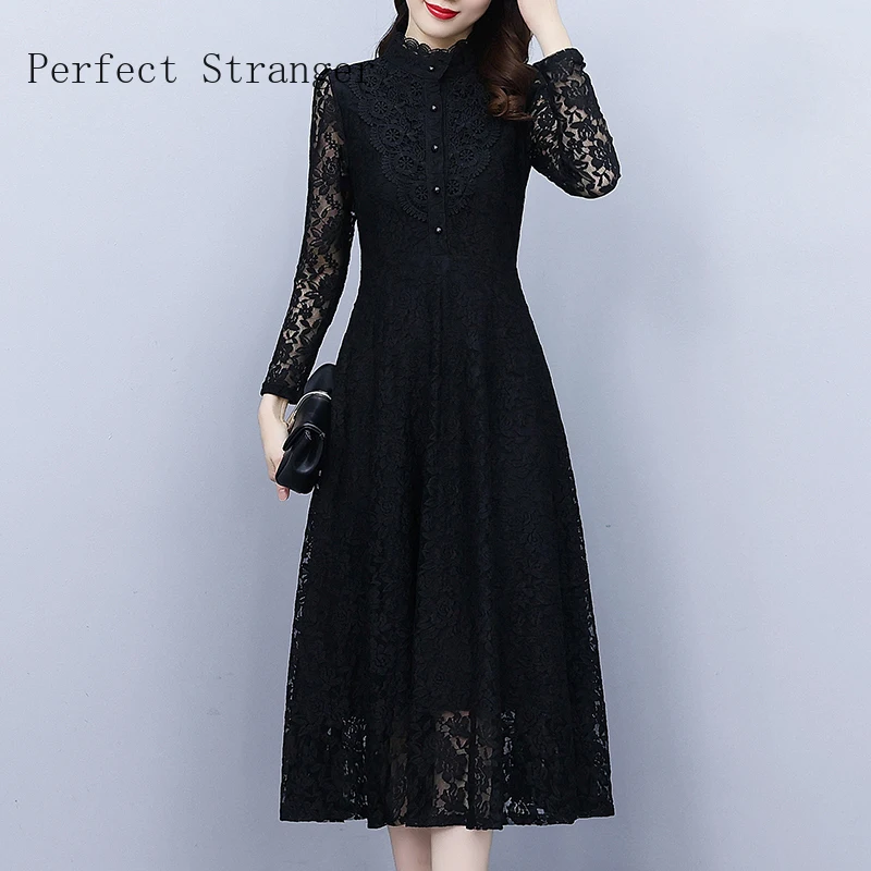 

Spring 2022 New Korean Hot Sale Slim Stand Collar Hollow-out Fat MM Women Lace Long Dress Black High Quality