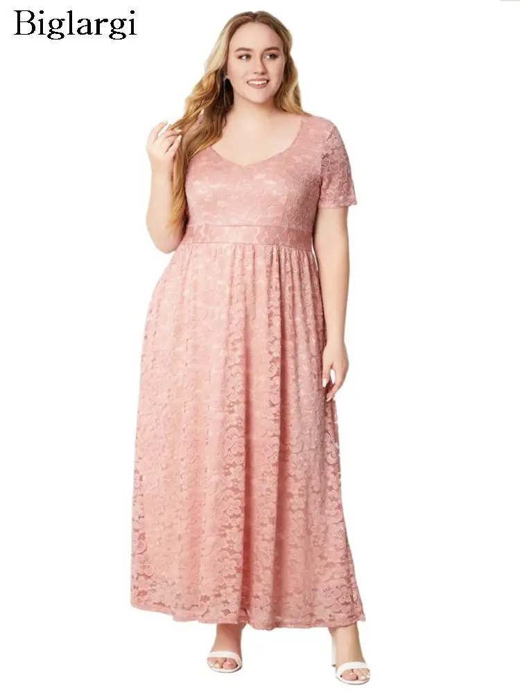 

Plus Size Lace Summer Long Dress Women Floral Print Pink Modis Ladies Dresses Elegant Loose Woman Dress 2023