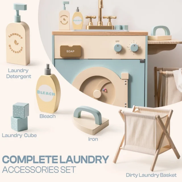 8954-7a1248.jpg Robotime Robud Kitchen Washer Playset Pretend Play Toy Washing Machine with Clothes Basket Iron and Sink for Kids Age 3+Blue